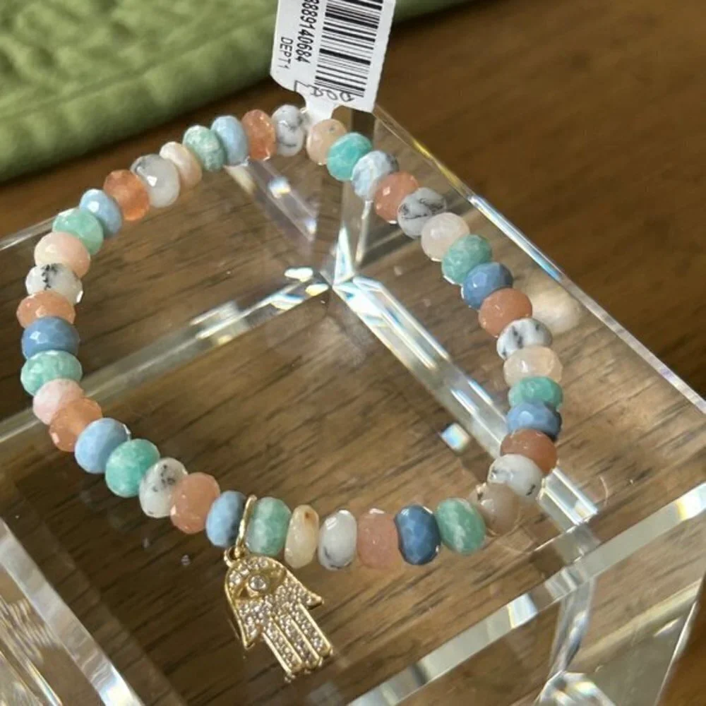 RARITIES Carol Brodie Multi Gemstone Bead Bracelet with HAMSA CHARM S-M